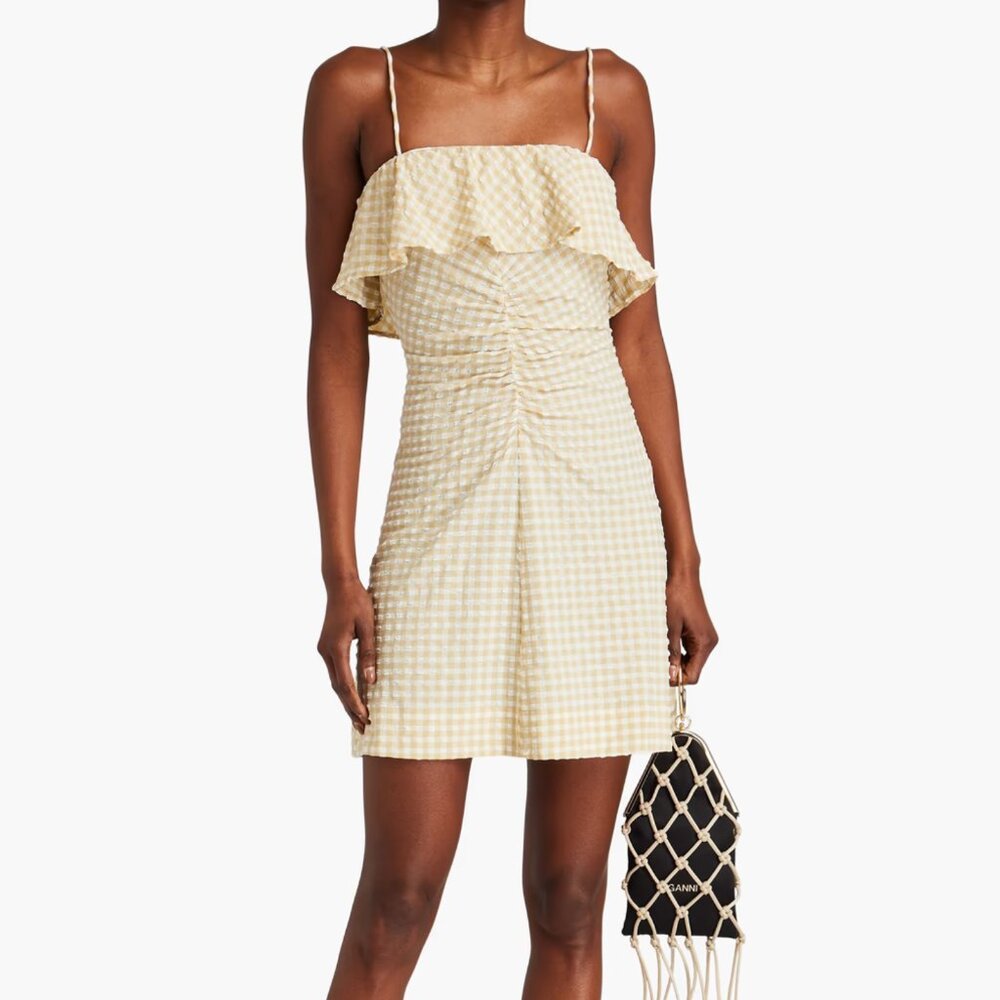 NWOT GANNI Ruched gingham seersucker mini dress Size 36